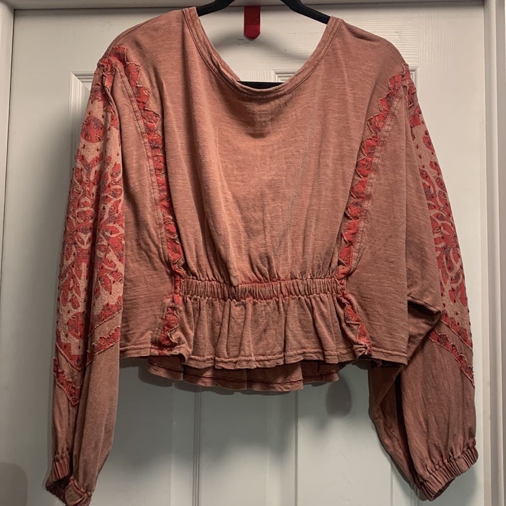 Free People Throwback Embroidered Cropped Blouse Top size S